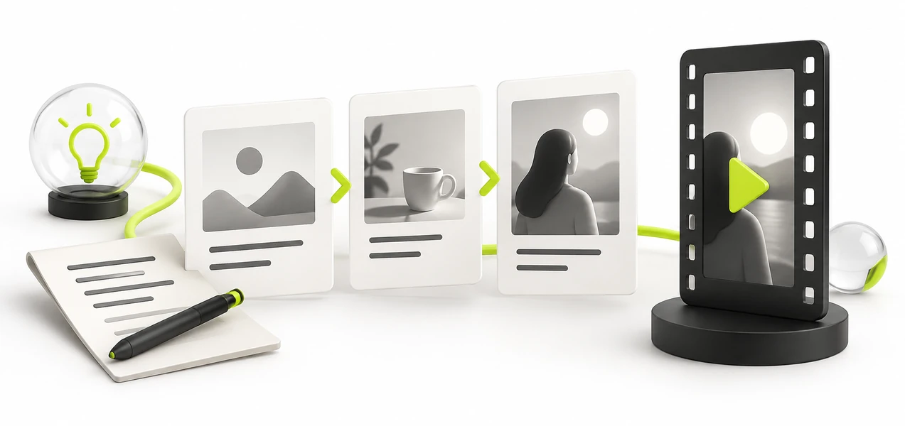 AI destekli kısa video senaryosunda sahne kartları ve telefon kadrajı illüstrasyonu