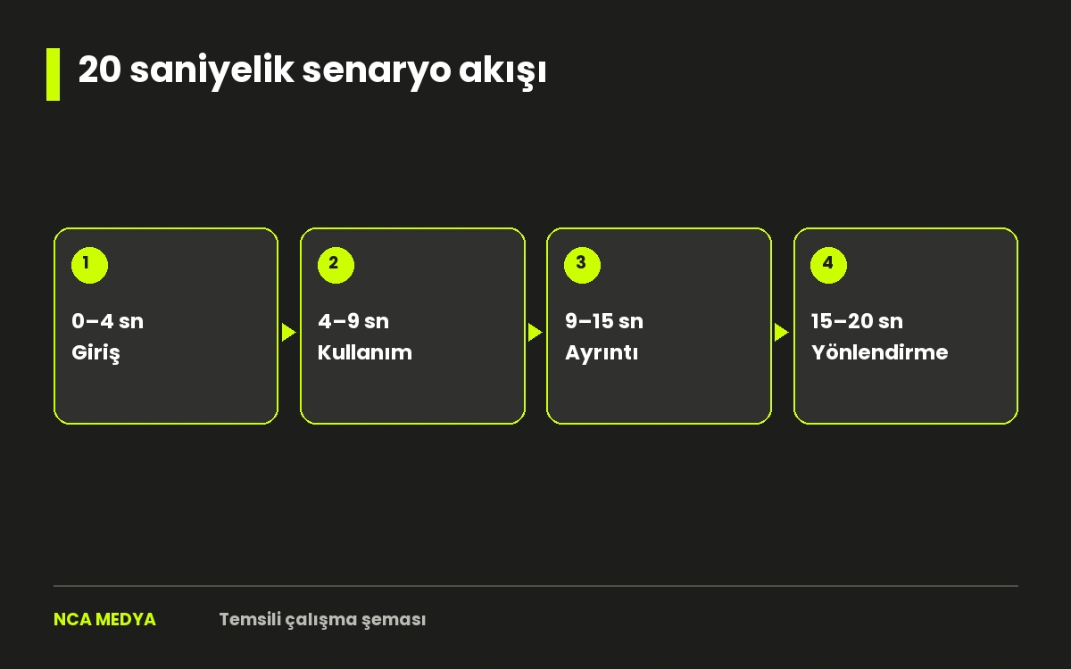 Temsili 20 saniyelik videonun giriş, kullanım, ayrıntı ve yönlendirme sahnelerine bölünmesi