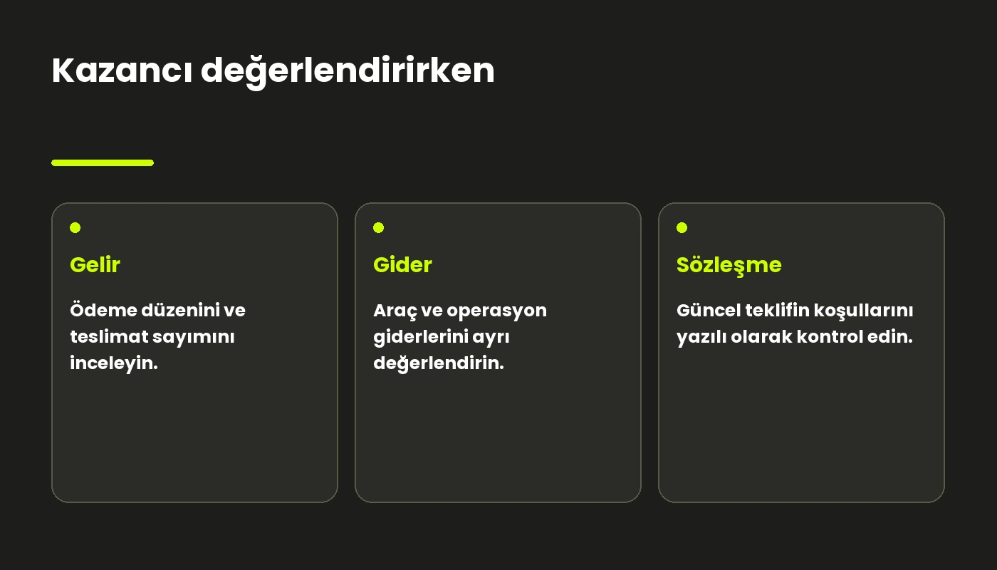 Gelir, gider ve sözleşme sorularını ayıran kontrol kartı