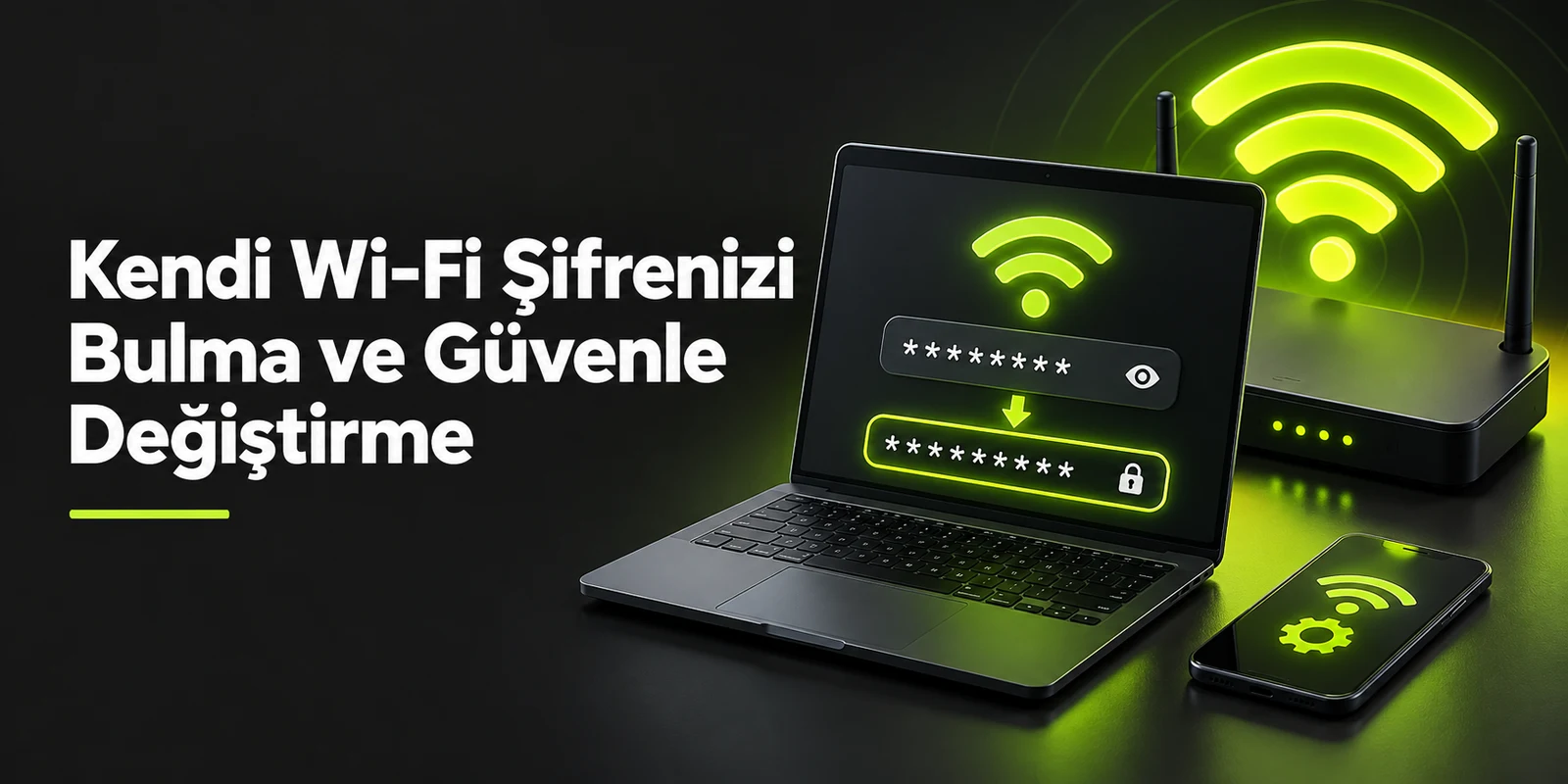 Kendi Wi-Fi Şifrenizi Bulma ve Güvenle Değiştirme — koyu gri zemin üzerinde yeşil geometrik kapak