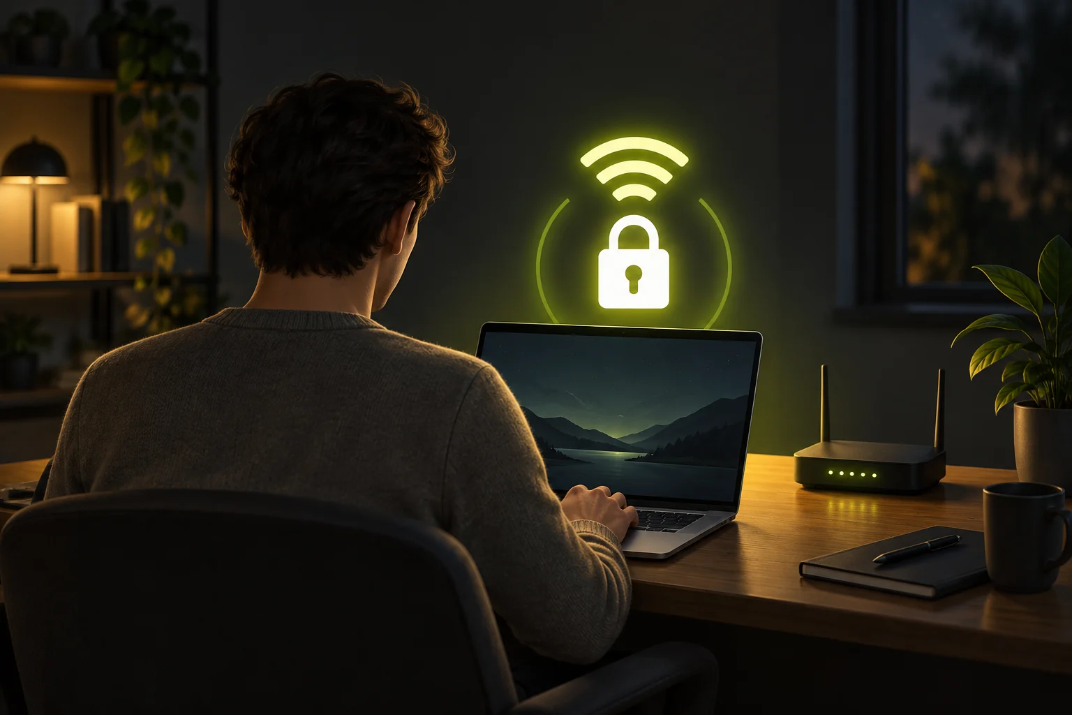 Evde dizüstü bilgisayar kullanan kişi, yanında yönlendirici ve ekranın üstünde asma kilit ile Wi-Fi simgesi