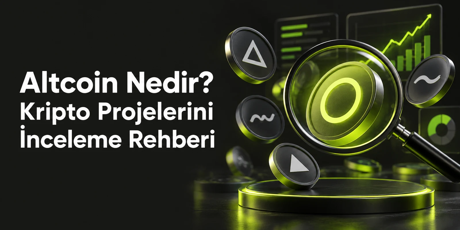 Altcoin Nedir? Kripto Projelerini İnceleme Rehberi — koyu gri zemin üzerinde yeşil geometrik kapak