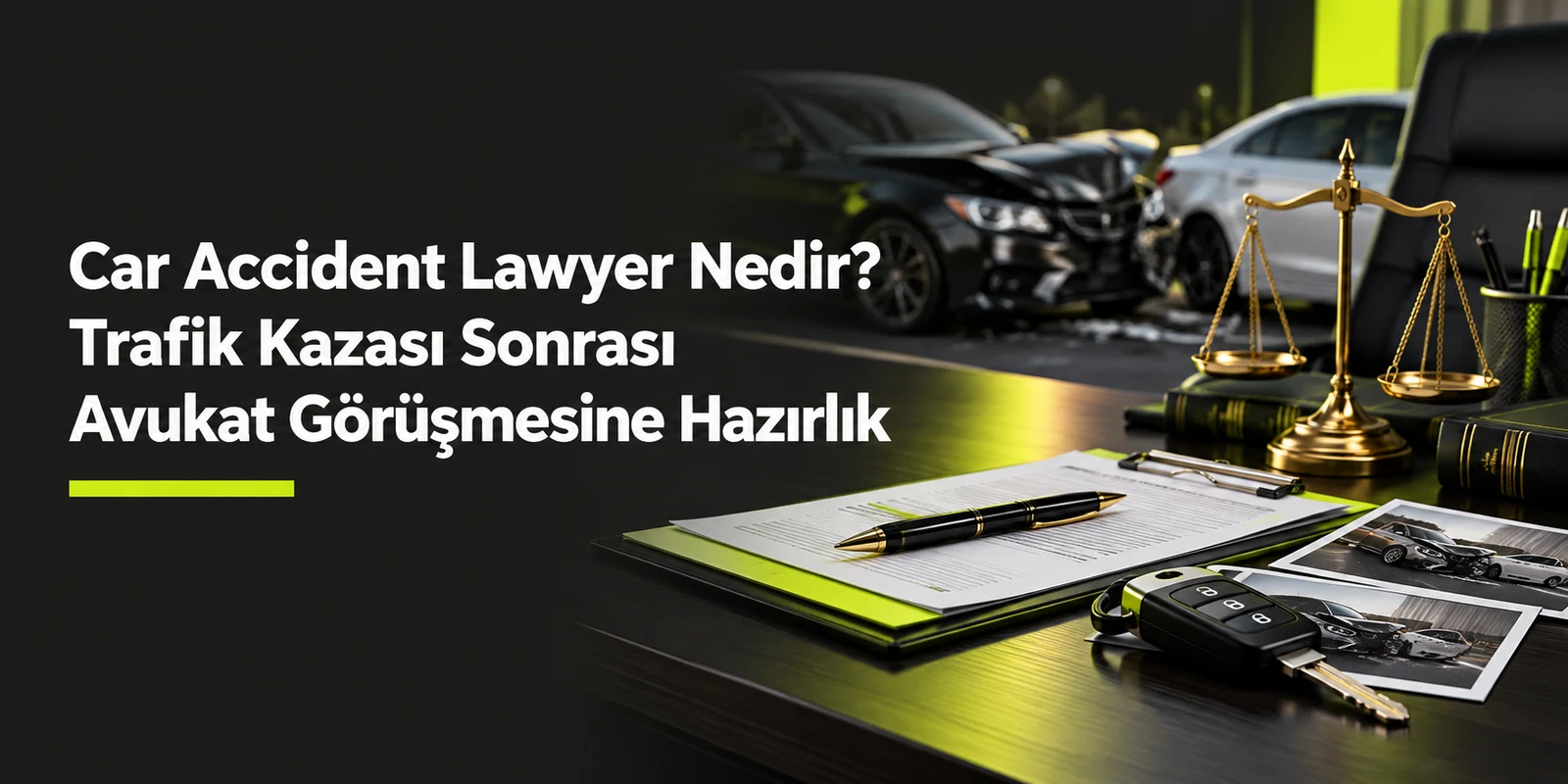 Car Accident Lawyer Nedir? Trafik Kazası Sonrası Avukat Görüşmesine Hazırlık — koyu gri zemin üzerinde yeşil geometrik kapak