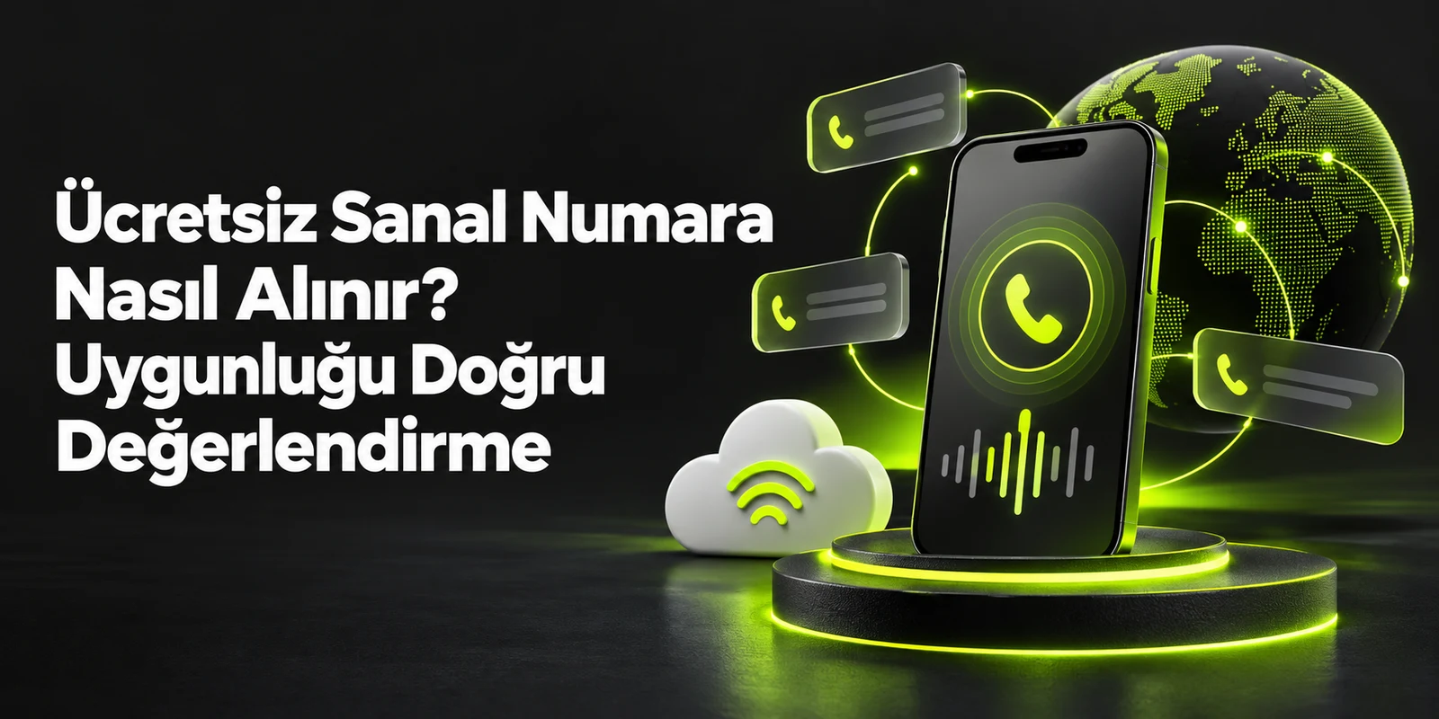 Ücretsiz Sanal Numara Nasıl Alınır? Uygunluğu Doğru Değerlendirme — koyu gri zemin üzerinde yeşil geometrik kapak