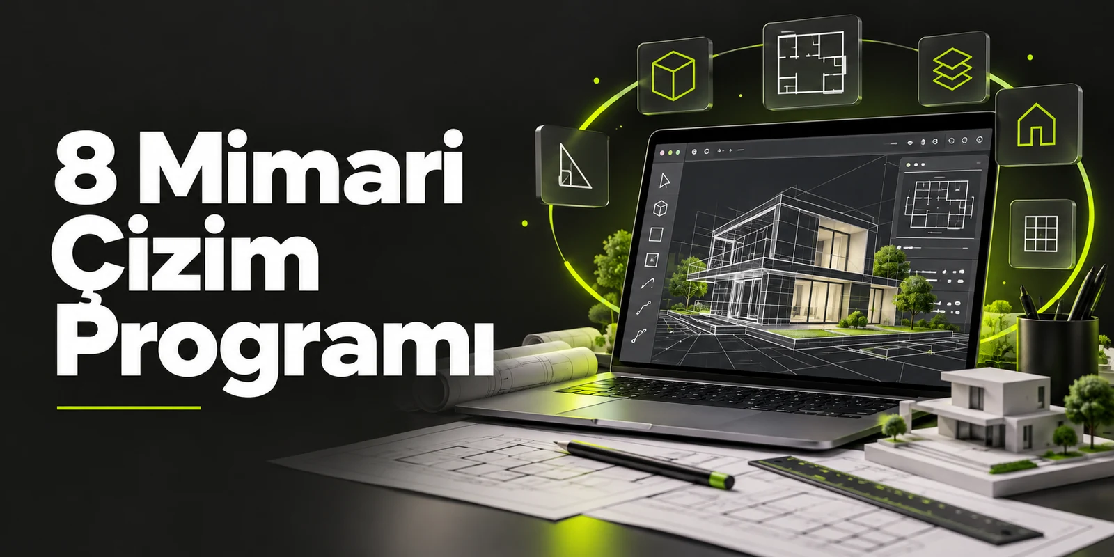 8 Mimari Çizim Programı — koyu gri zemin üzerinde yeşil geometrik kapak