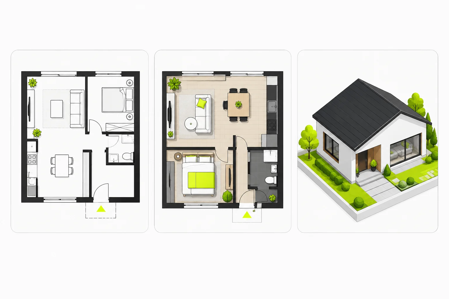 2D plan, oda yerleşimi ve 3D model seçeneklerini gösteren üç kart çizimi