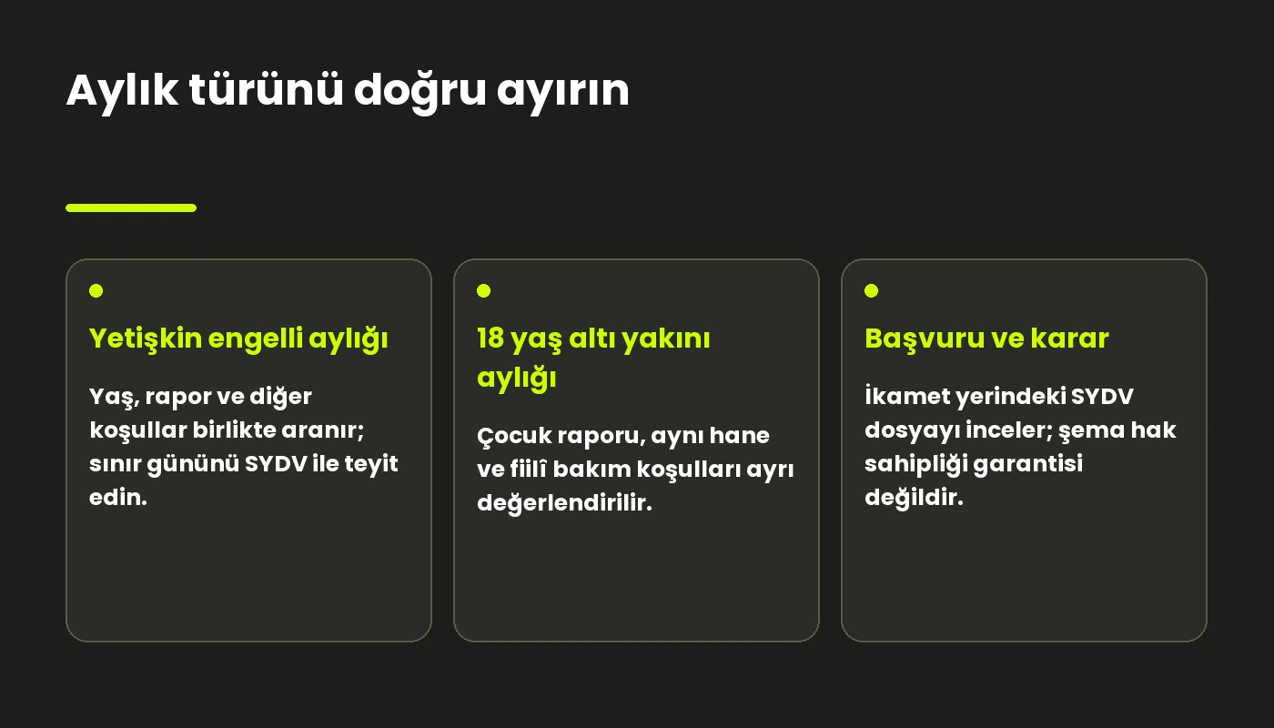 Yetişkin engelli aylığı ile 18 yaş altı engelli yakını aylığı arasındaki başvuru farkını gösteren şema
