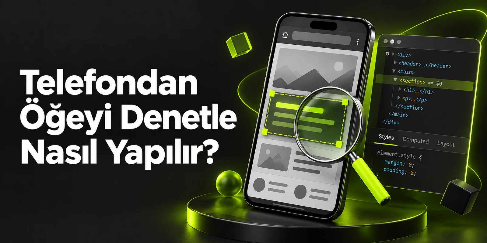 Telefondan Öğeyi Denetle Nasıl Yapılır? — koyu gri zemin üzerinde yeşil geometrik kapak