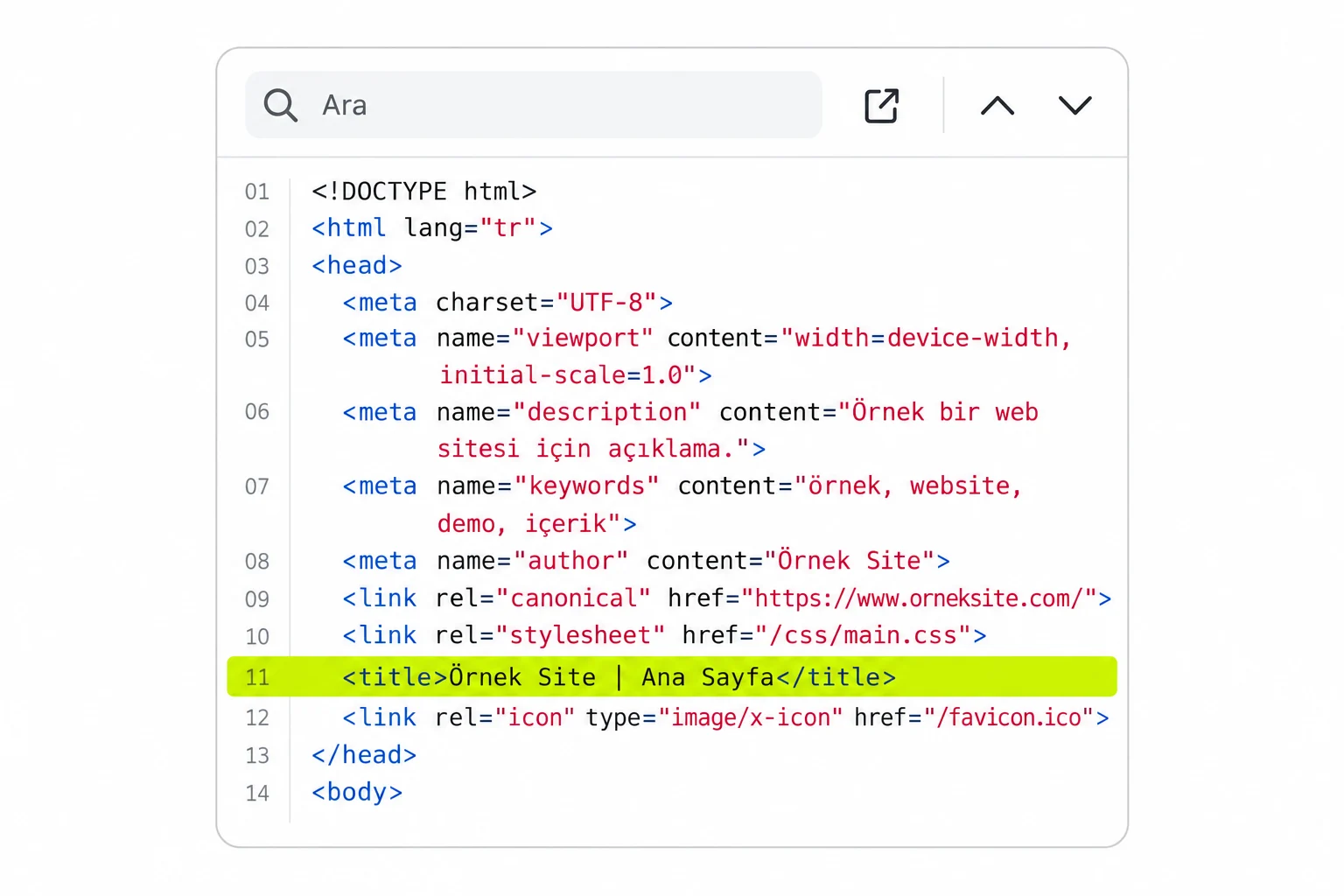 Arama araç çubuğu ve html, head, meta, title satırları görünen mobil sayfa kaynağı ekranı