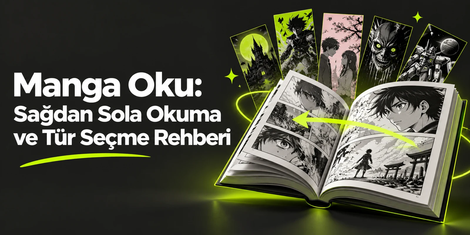 Manga Oku: Sağdan Sola Okuma ve Tür Seçme Rehberi — koyu gri zemin üzerinde yeşil geometrik kapak