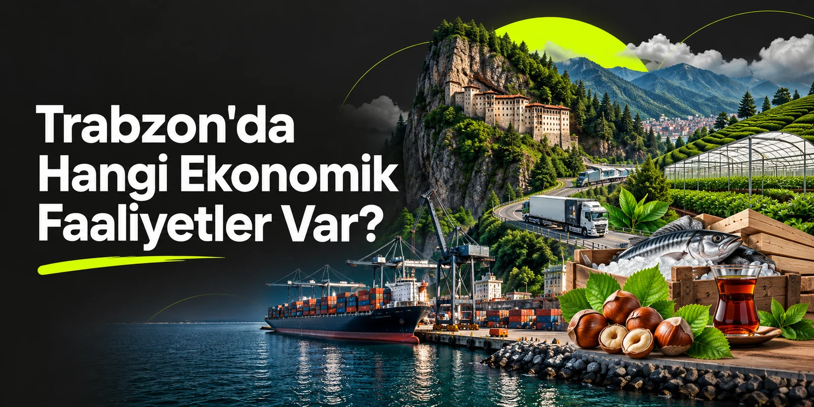 Trabzon'da Hangi Ekonomik Faaliyetler Var? — koyu gri zemin üzerinde yeşil geometrik kapak