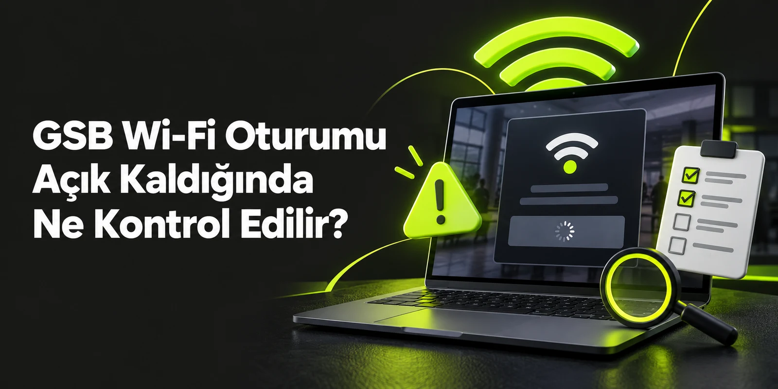 GSB Wi-Fi Oturumu Açık Kaldığında Ne Kontrol Edilir? — koyu gri zemin üzerinde yeşil geometrik kapak