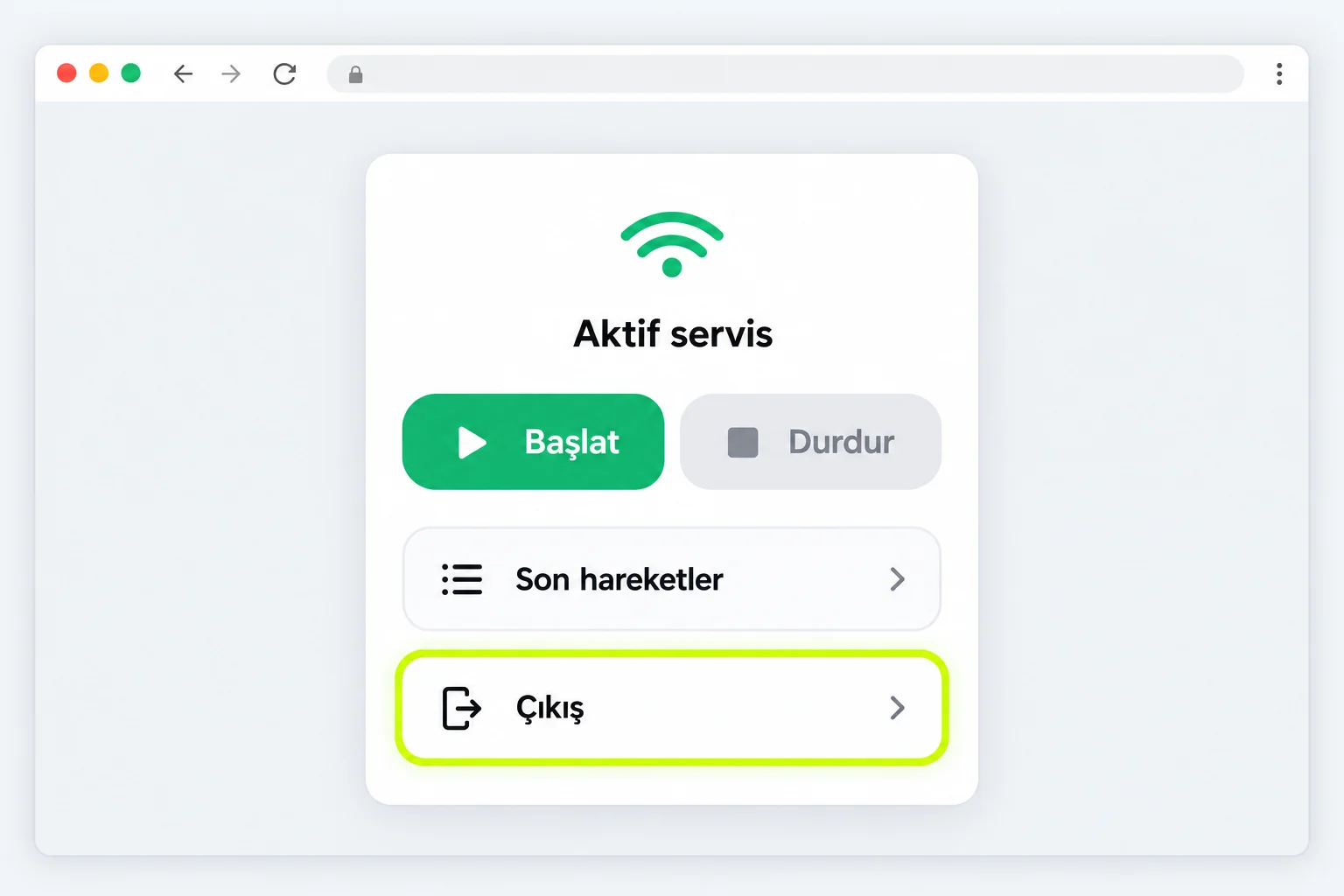 Oturum durumu, Durdur ve Başlat düğmeleri ile vurgulanmış Çıkış düğmesi bulunan genel Wi-Fi oturum ekranı