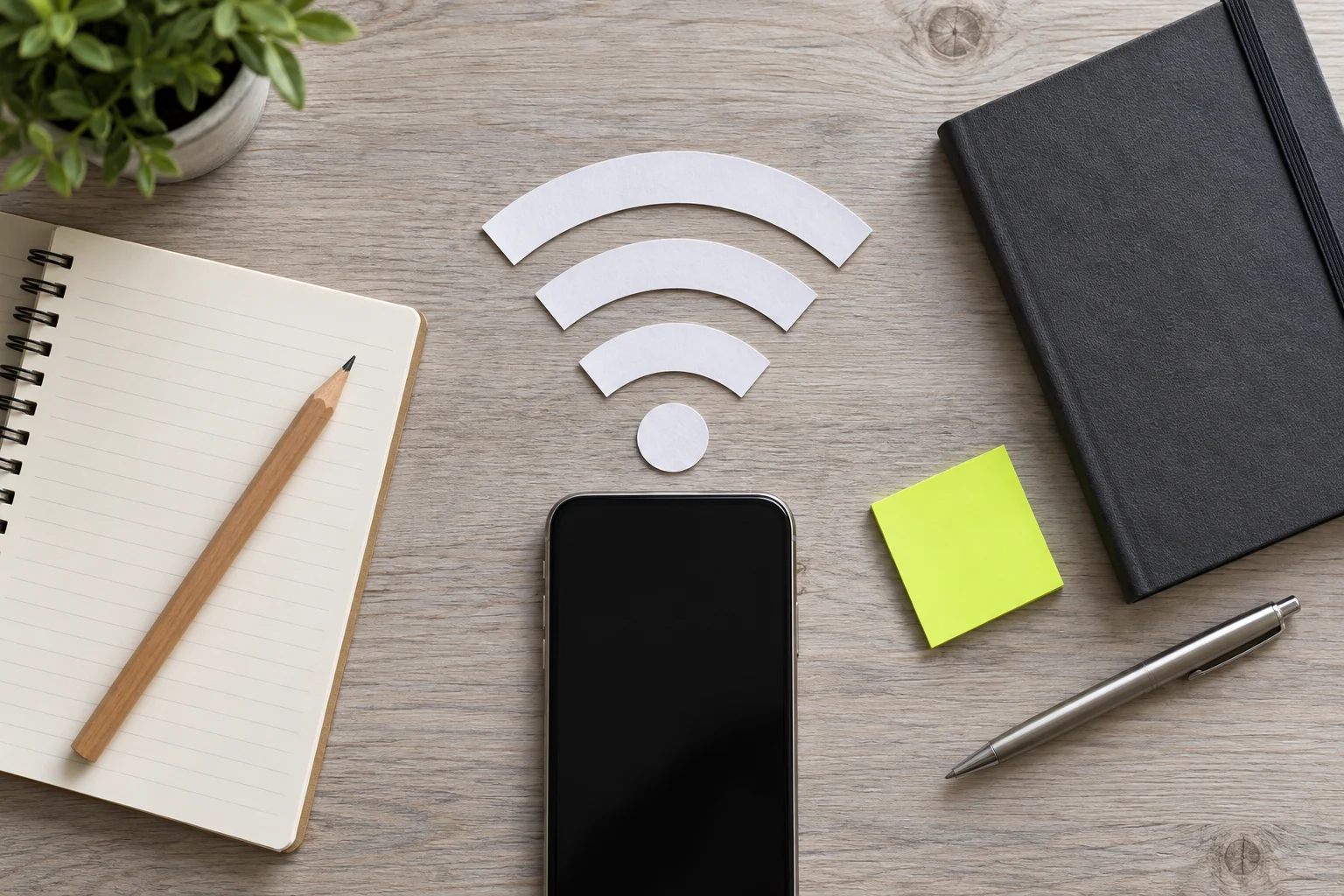 Masa üzerinde telefon, defter ve kâğıttan kesilmiş Wi-Fi simgesi bulunan yukarıdan çekilmiş düzen