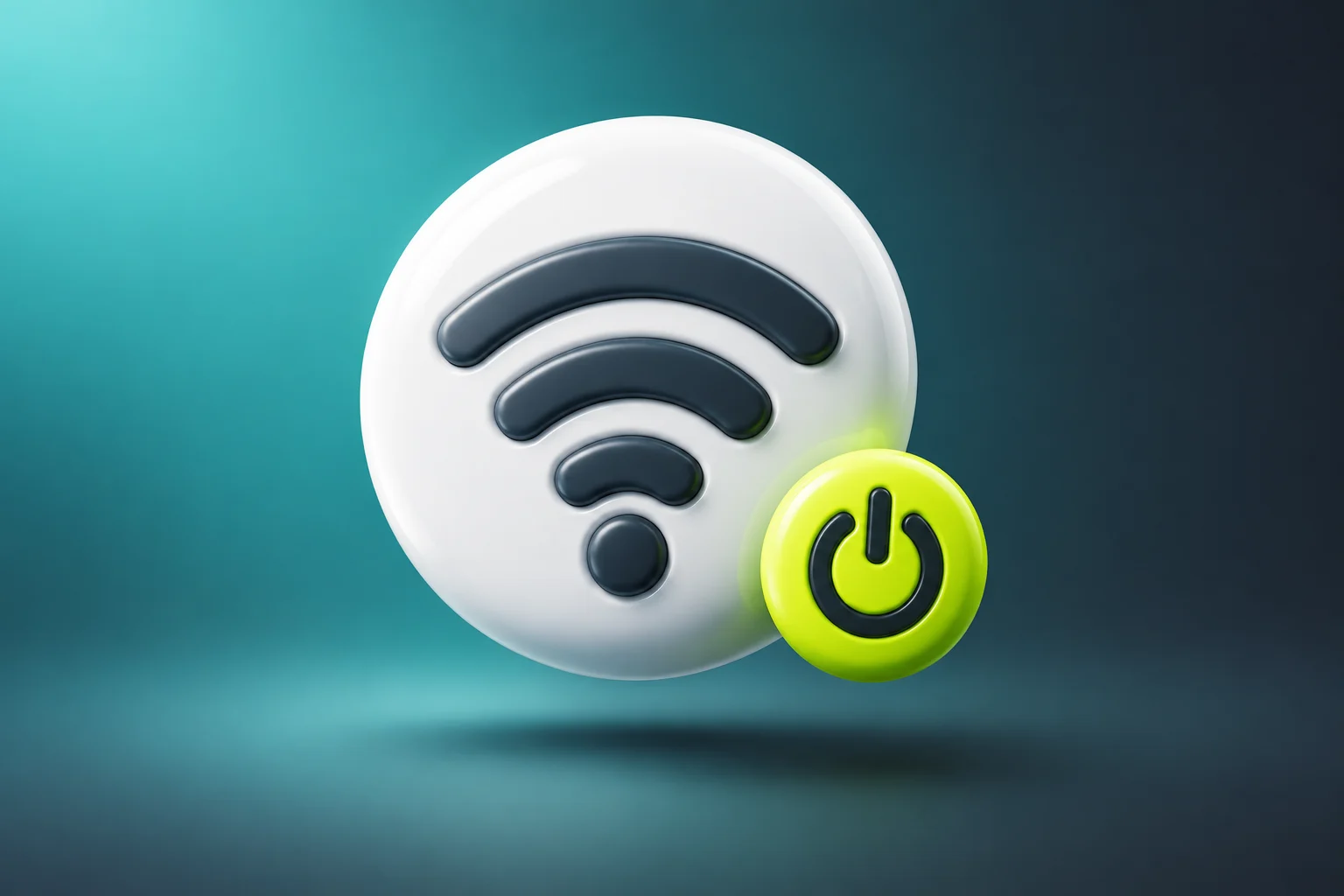 Beyaz yuvarlak zemin üzerinde Wi-Fi simgesi ve yanında küçük çıkış simgesi bulunan sade illüstrasyon