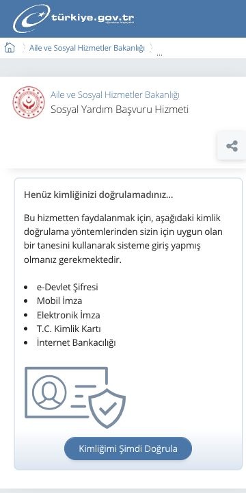 Aile ve Sosyal Hizmetler Bakanlığı sosyal yardım başvuru hizmetinin kimlik doğrulama öncesi kamu ekranı