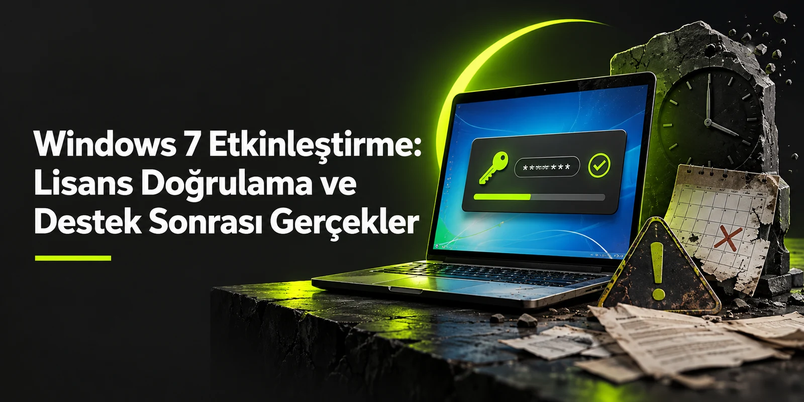 Windows 7 Etkinleştirme: Lisans Doğrulama ve Destek Sonrası Gerçekler — koyu gri zemin üzerinde yeşil geometrik kapak