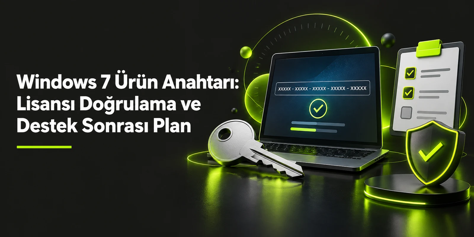 Windows 7 Ürün Anahtarı: Lisansı Doğrulama ve Destek Sonrası Plan — koyu gri zemin üzerinde yeşil geometrik kapak