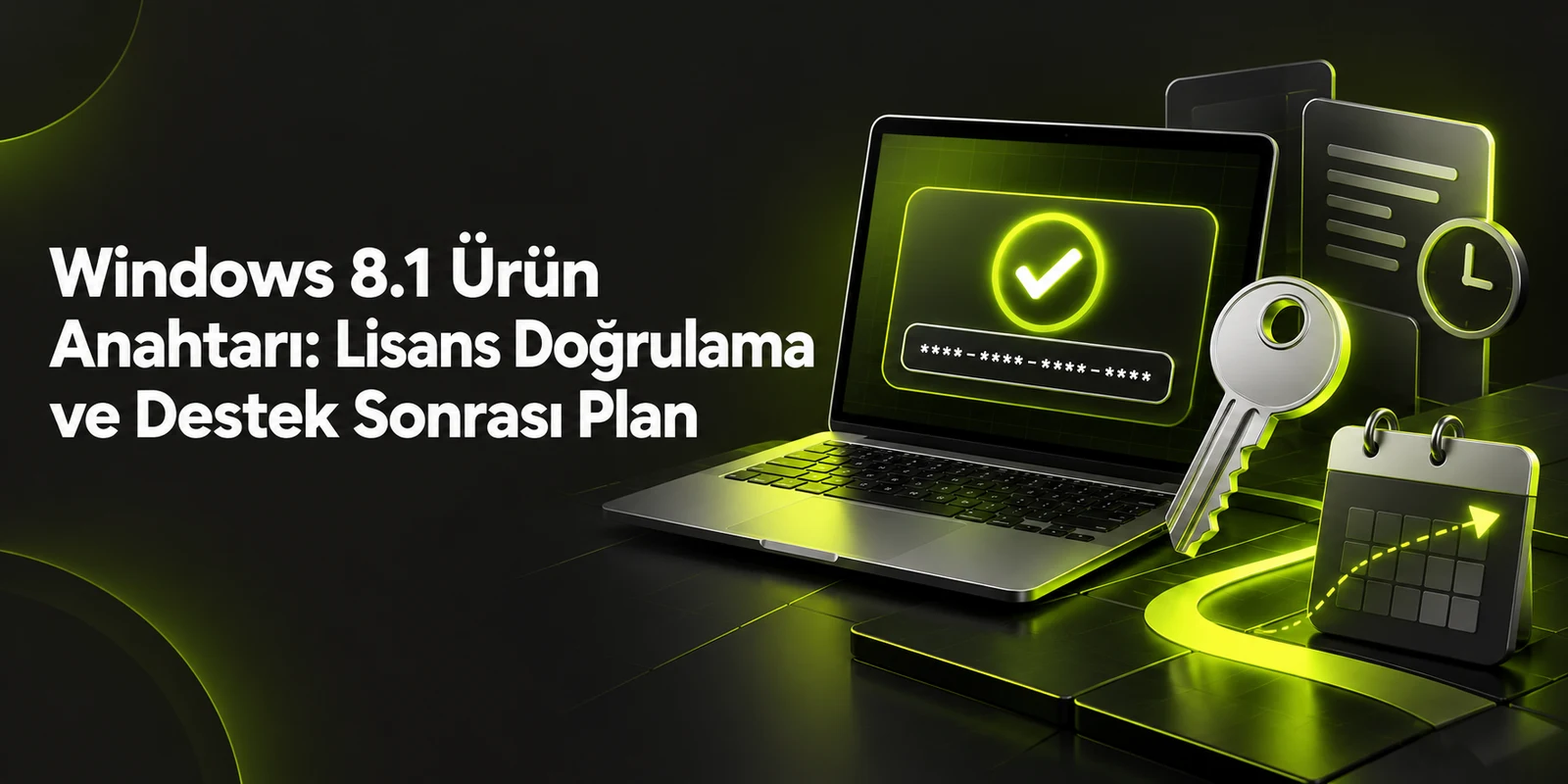 Windows 8.1 Ürün Anahtarı: Lisans Doğrulama ve Destek Sonrası Plan — koyu gri zemin üzerinde yeşil geometrik kapak