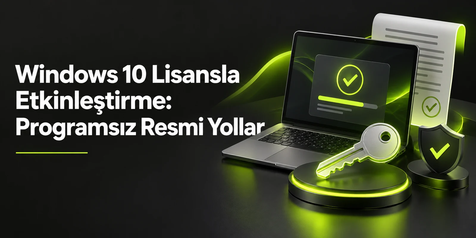 Windows 10 Lisansla Etkinleştirme: Programsız Resmi Yollar — koyu gri zemin üzerinde yeşil geometrik kapak