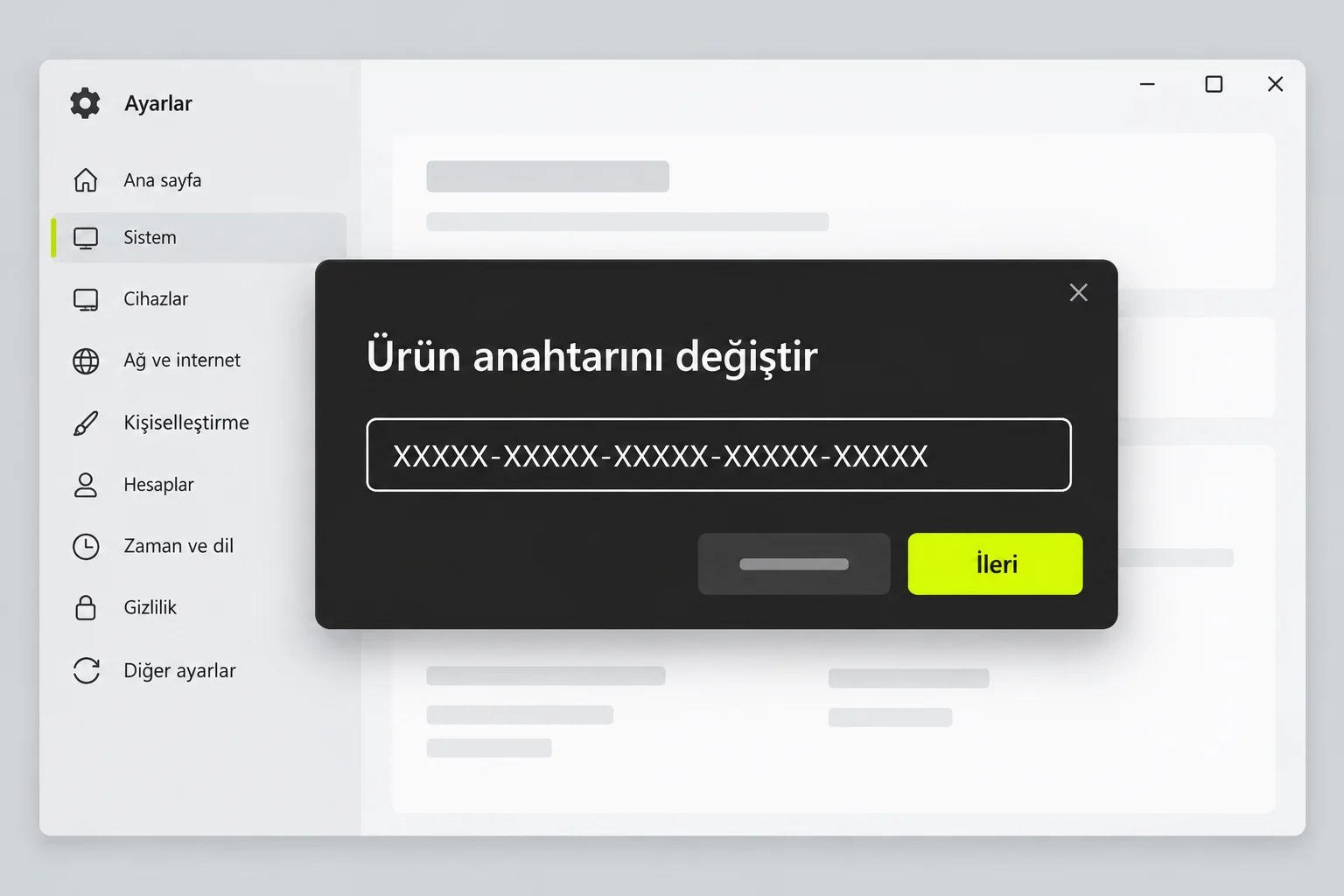 Ürün anahtarını değiştir penceresi, anahtar alanı maskeli
