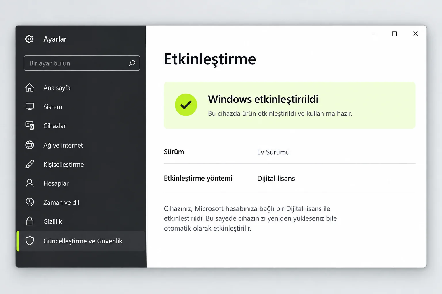 Windows 10 etkinleştirme ayarlarında etkin durum ve dijital lisans bilgisi