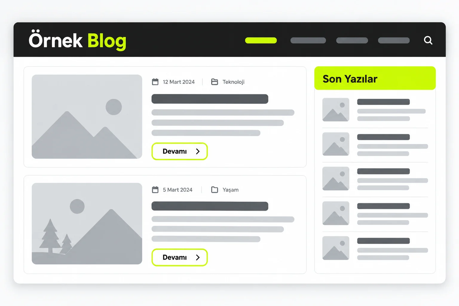 Gönderi kartları ve Son Yazılar kenar çubuğu olan eski tarz bir blog ana sayfasının genel çizimi