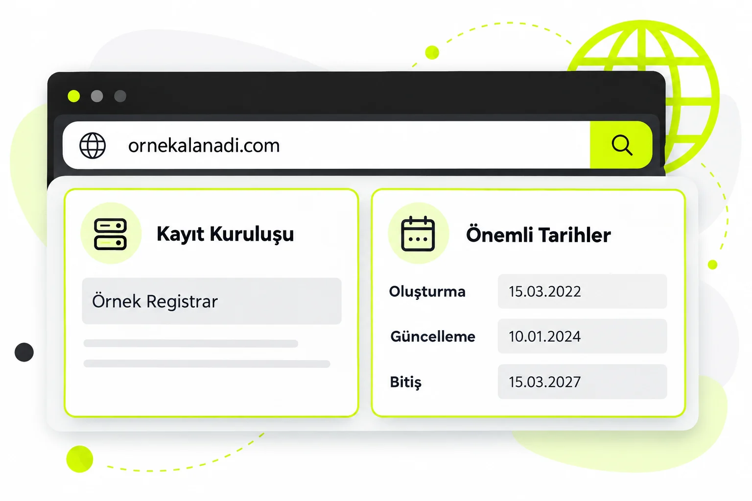 Kayıt kuruluşu bilgisi ile oluşturma, güncelleme ve bitiş tarihlerini gösteren genel alan adı sorgu ekranı
