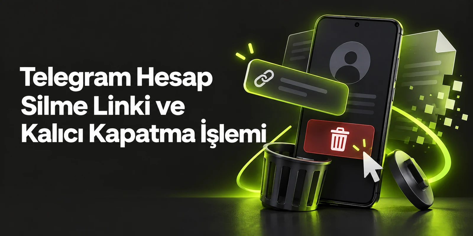 Telegram Hesap Silme Linki ve Kalıcı Kapatma İşlemi — koyu gri zemin üzerinde yeşil geometrik kapak