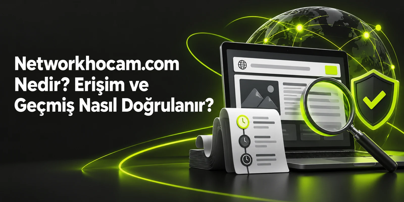 Networkhocam.com Nedir? Erişim ve Geçmiş Nasıl Doğrulanır? — koyu gri zemin üzerinde yeşil geometrik kapak