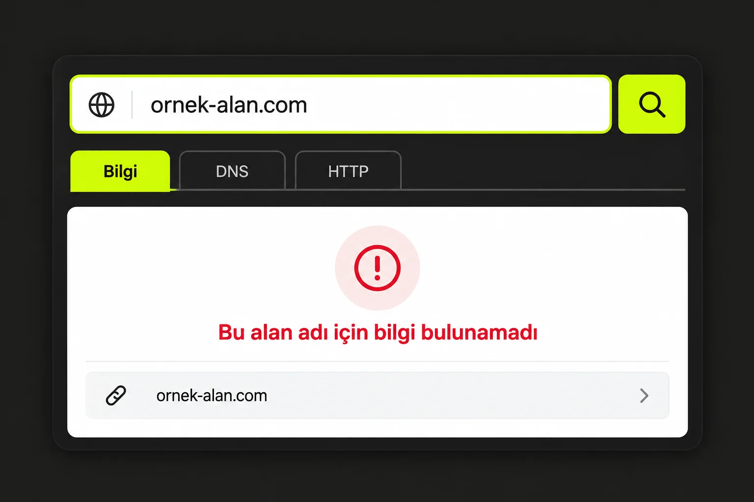 Alan adı sorgu aracında bilgi bulunamadı sonucunu gösteren genel arayüz çizimi