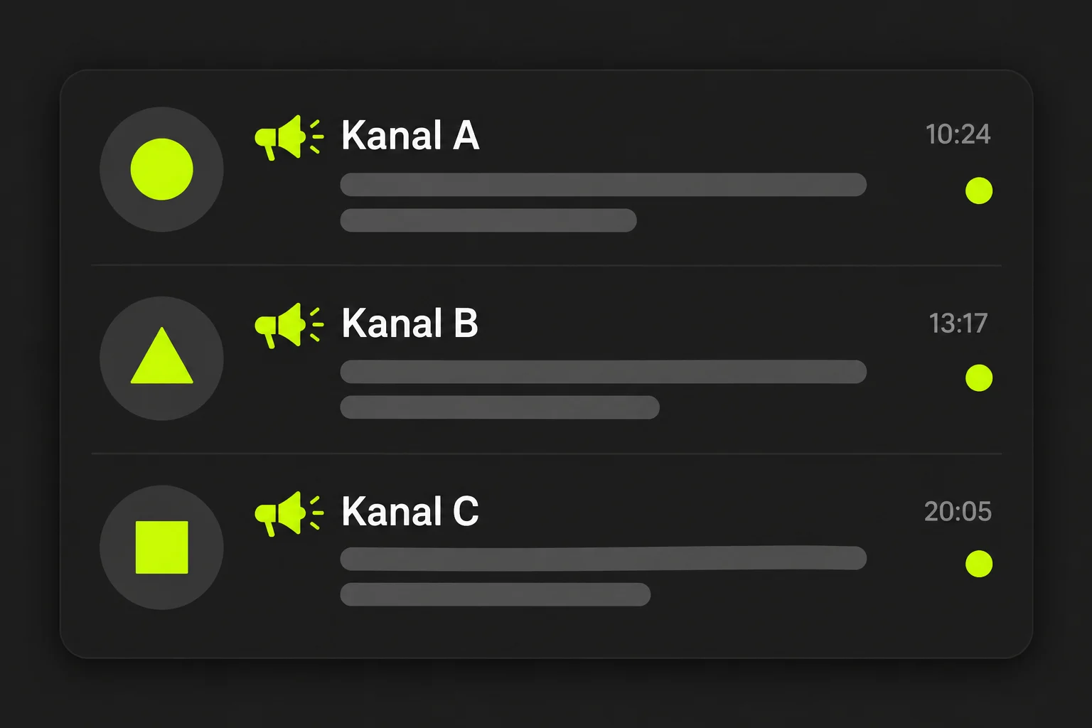 Soyut avatarlı ve yer tutucu çubuklu üç kanalın göründüğü genel mesajlaşma uygulaması kanal listesi çizimi