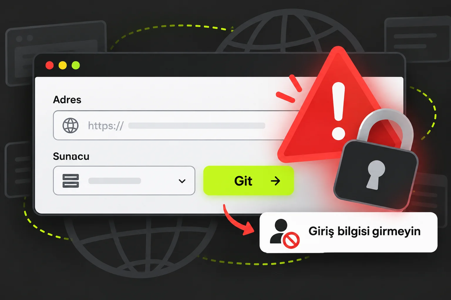 Ücretsiz proxy sitesi formunun üstünde uyarı üçgeni ve kilit simgesi