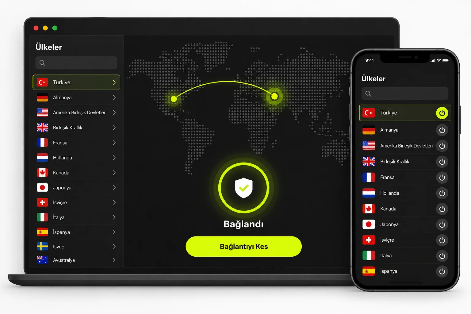 Ülke listesi, dünya haritası ve bağlandı durumu olan markasız VPN uygulaması ekranının masaüstü ve telefon çizimi