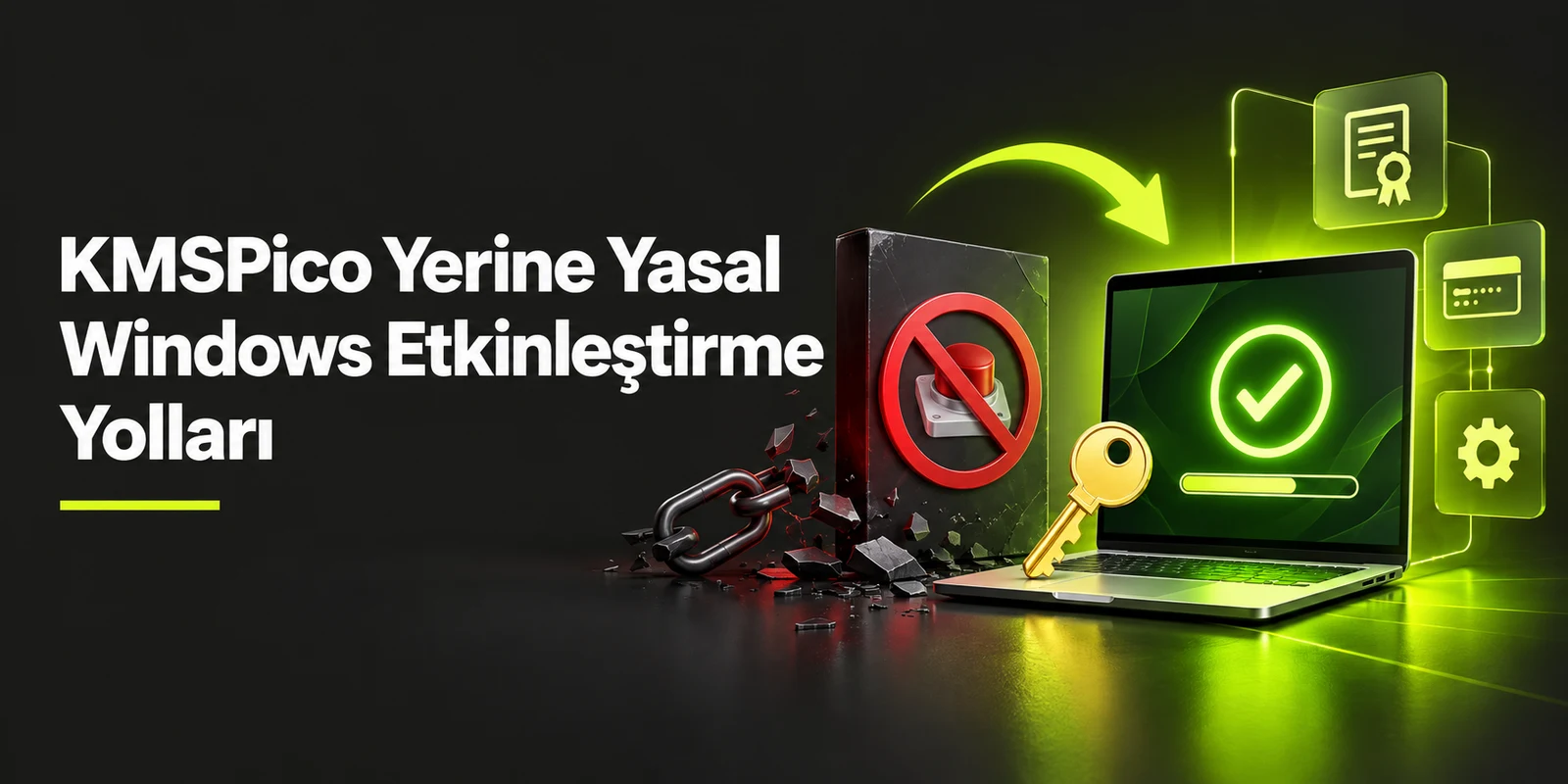 KMSPico Yerine Yasal Windows Etkinleştirme Yolları — koyu gri zemin üzerinde yeşil geometrik kapak