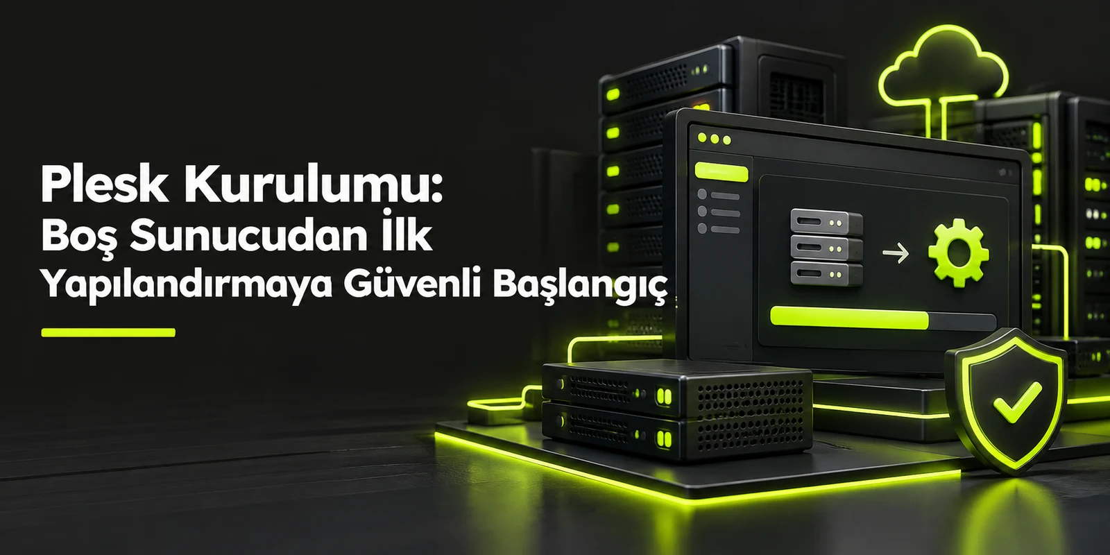 Plesk Kurulumu: Boş Sunucudan İlk Yapılandırmaya Güvenli Başlangıç — koyu gri zemin üzerinde yeşil geometrik kapak