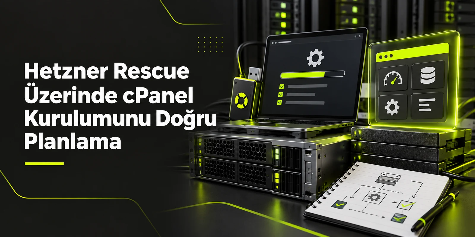 Hetzner Rescue Üzerinde cPanel Kurulumunu Doğru Planlama — koyu gri zemin üzerinde yeşil geometrik kapak