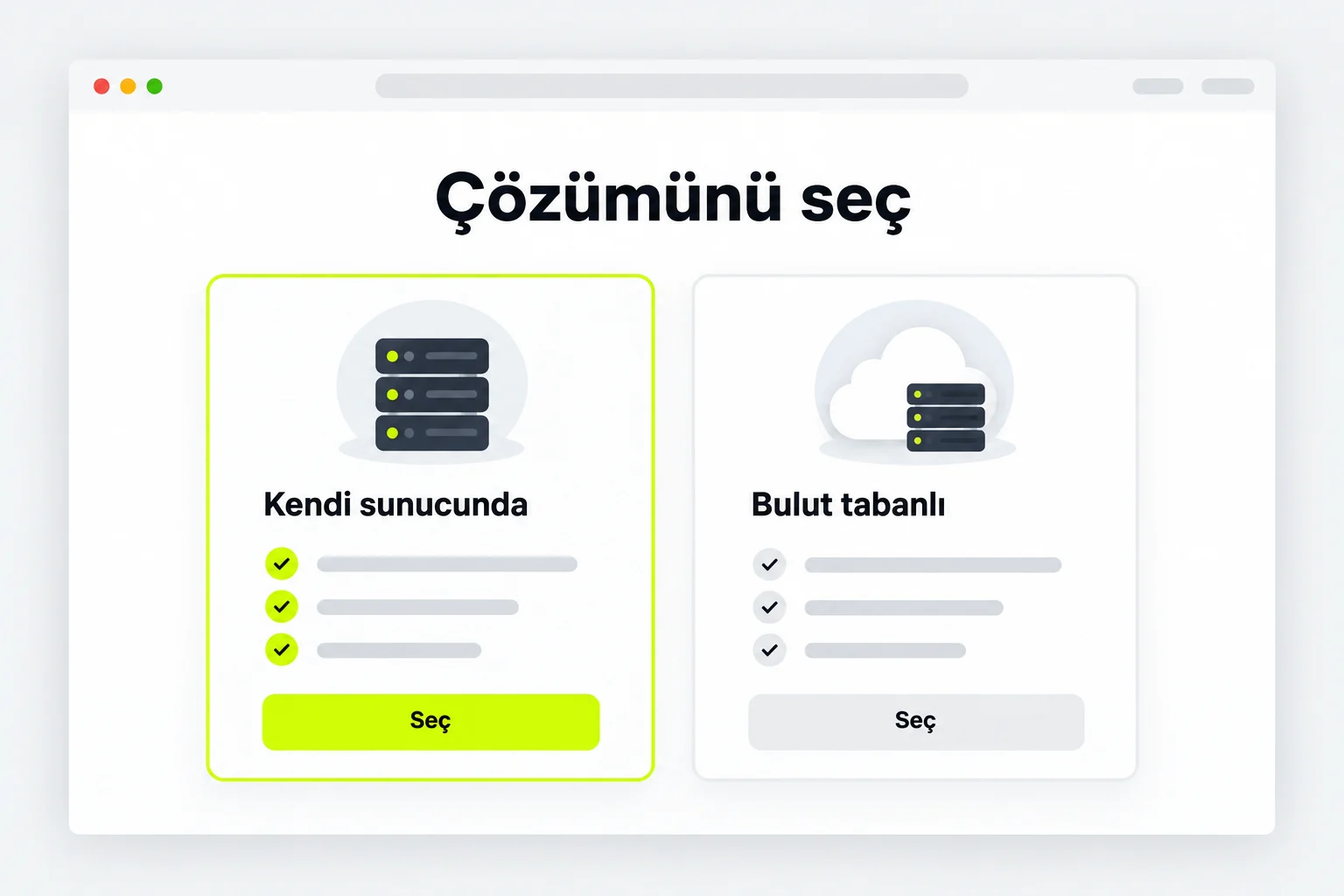 Kendi sunucunda barındırılan ve bulut tabanlı VPN çözümünü yan yana karşılaştıran temsili seçim ekranı