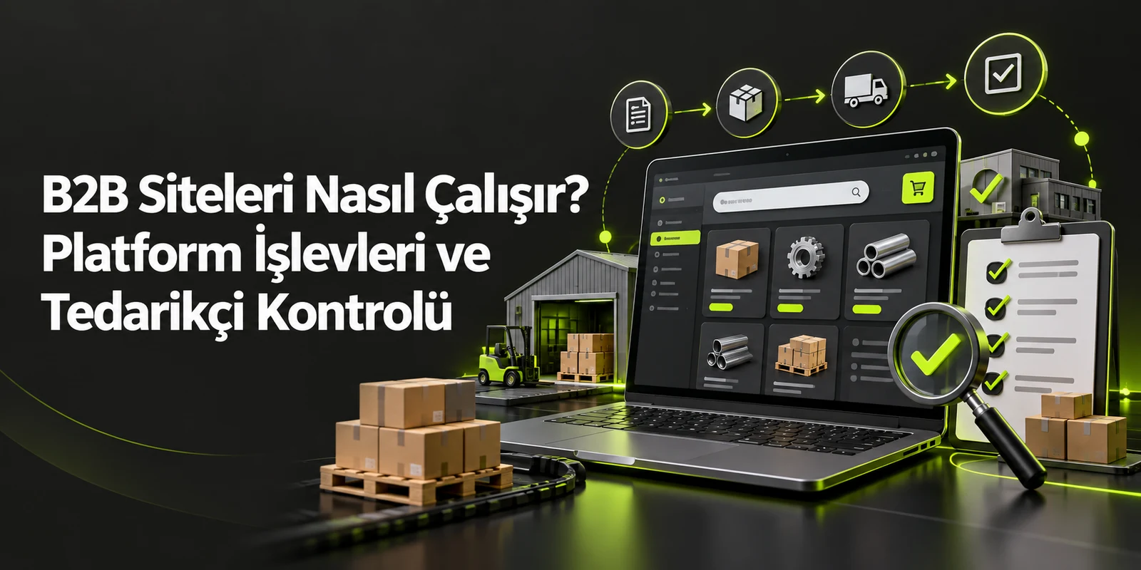 B2B Siteleri Nasıl Çalışır? Platform İşlevleri ve Tedarikçi Kontrolü — koyu gri zemin üzerinde yeşil geometrik kapak