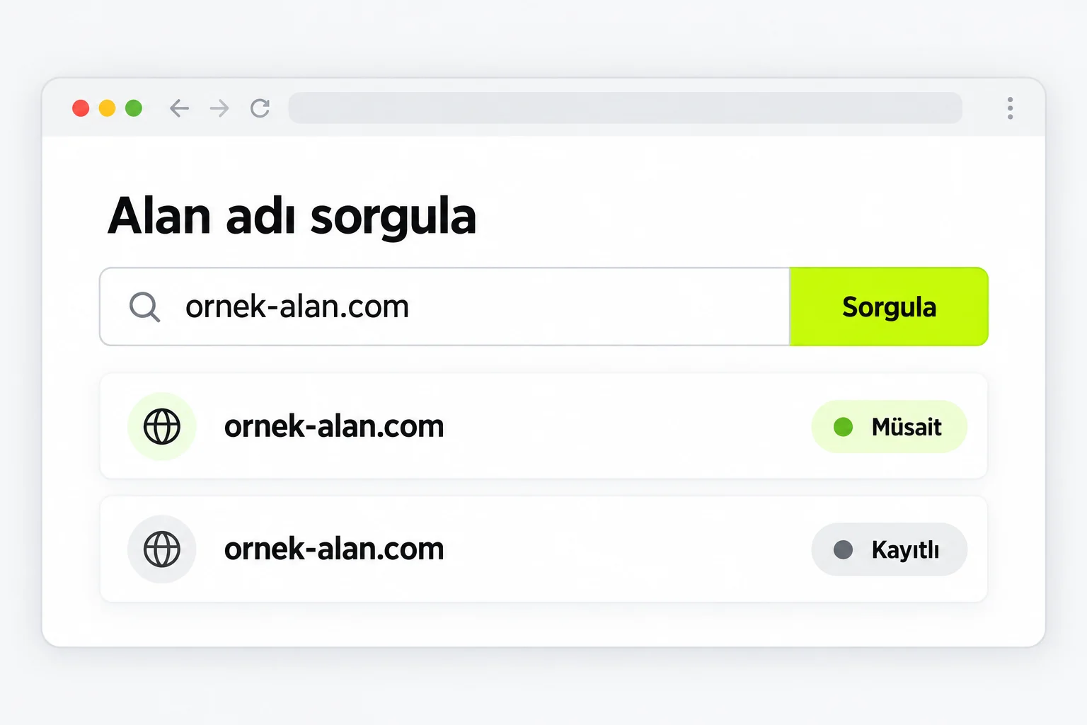 Alan adı sorgulama kutusu ile müsait ve kayıtlı sonuç satırlarını gösteren temsili web arayüzü