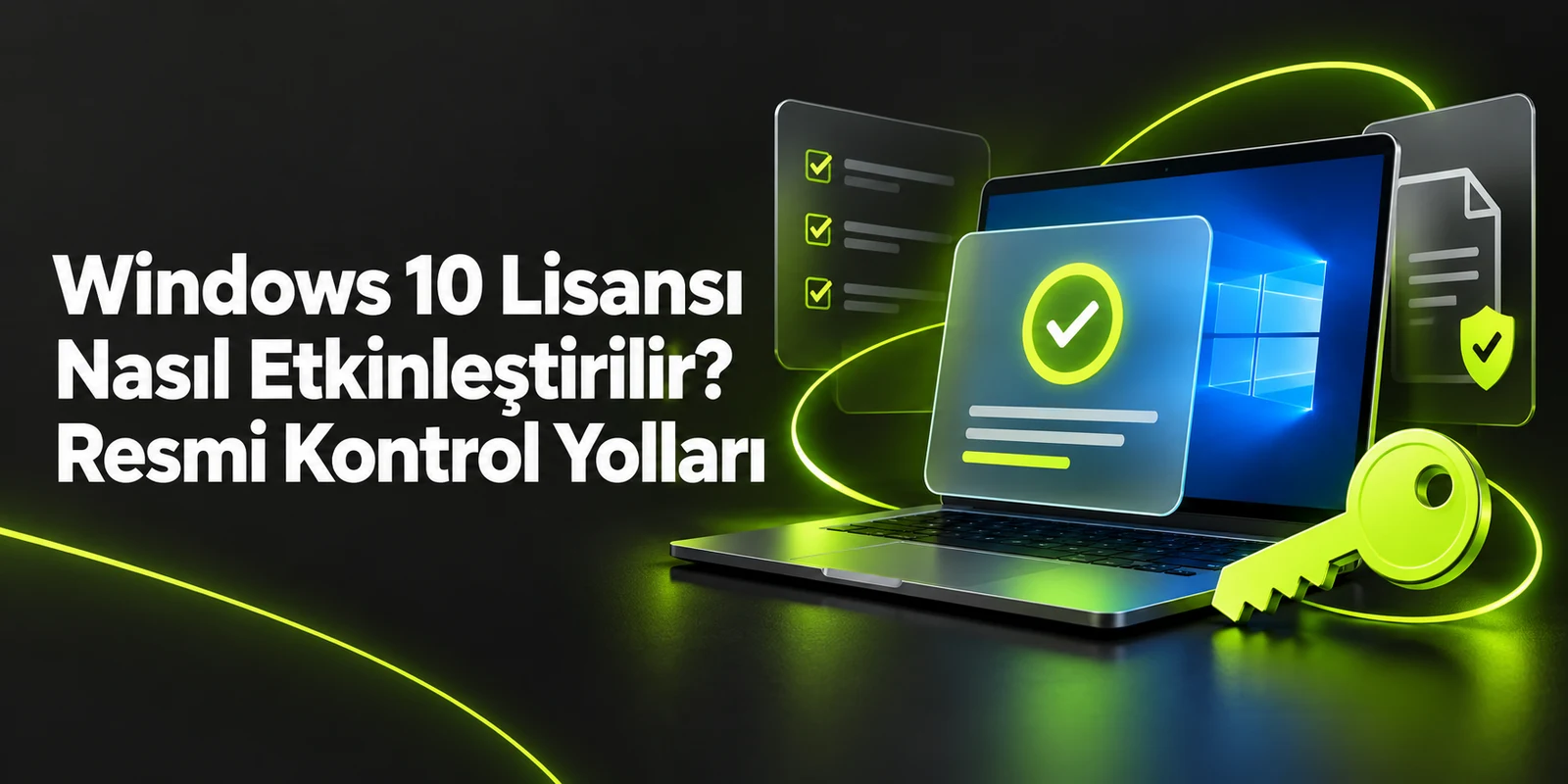 Windows 10 Lisansı Nasıl Etkinleştirilir? Resmi Kontrol Yolları — koyu gri zemin üzerinde yeşil geometrik kapak