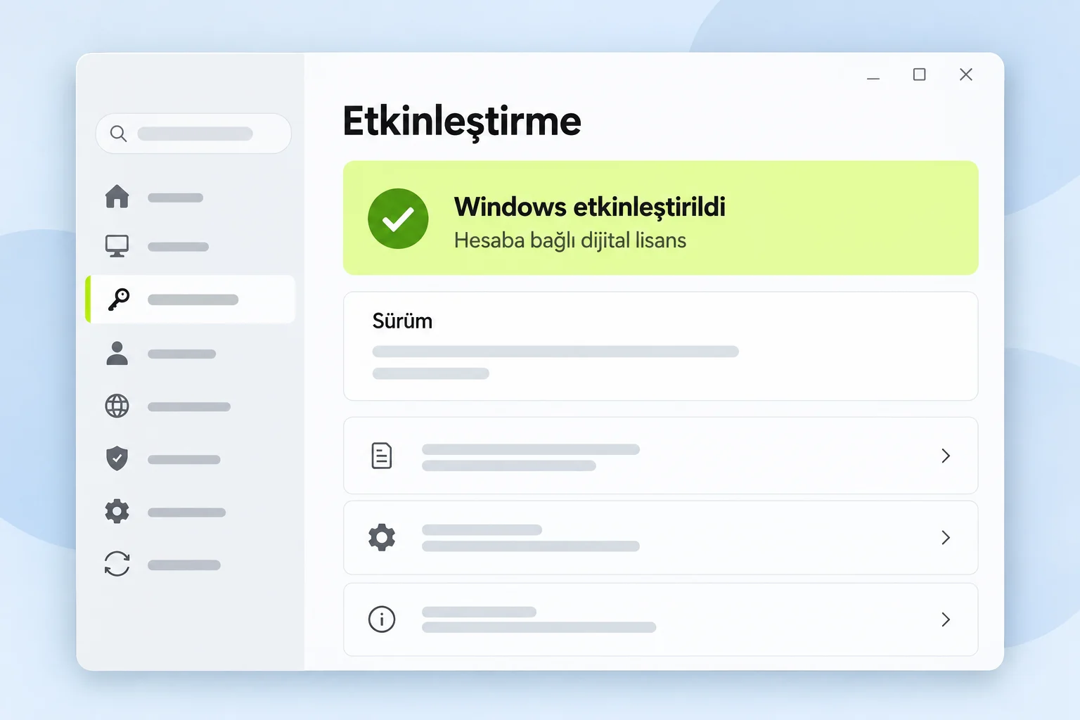 Etkinleştirme sayfasında hesaba bağlı dijital lisans ve etkinleştirildi durumunu gösteren ekran