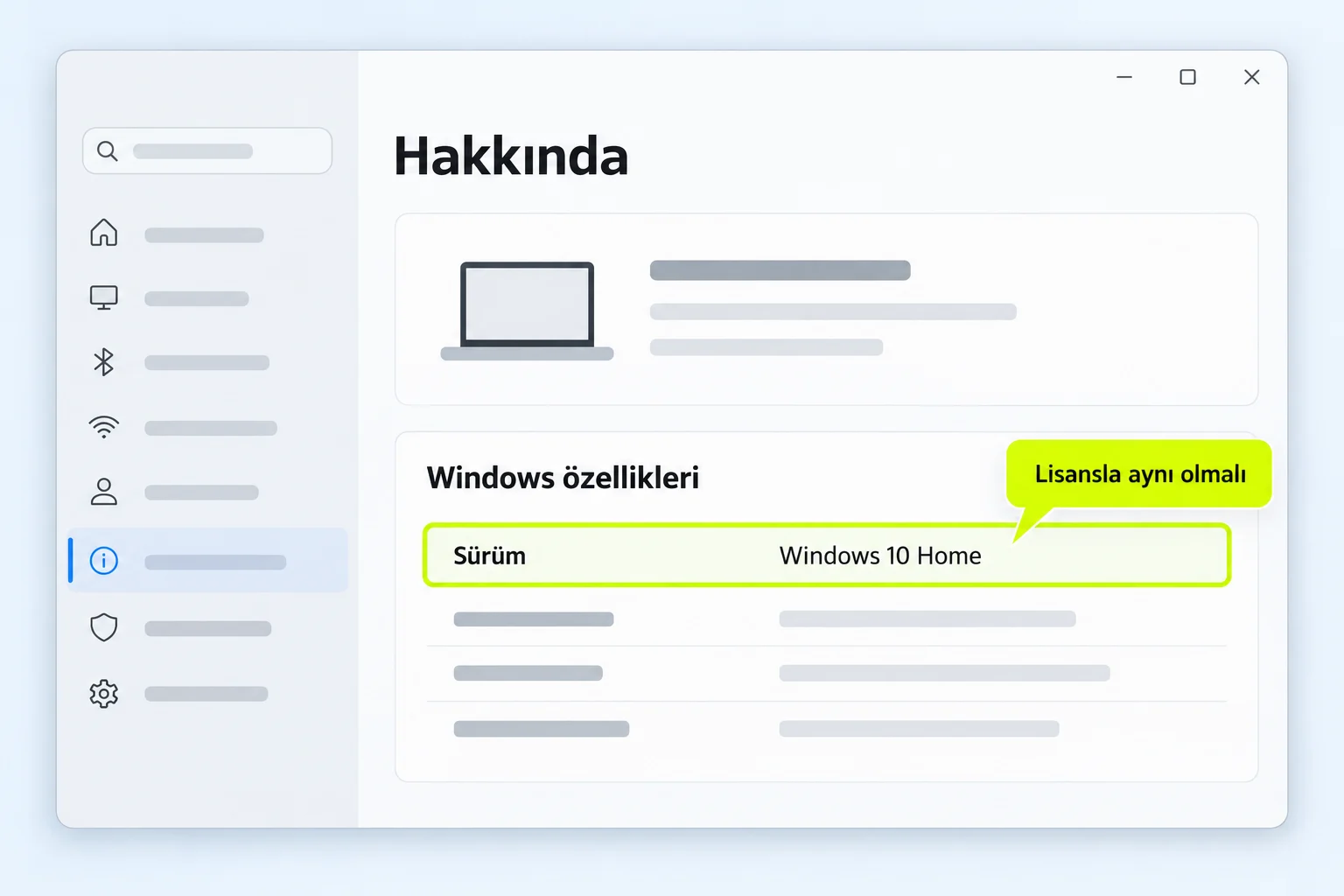 Kurulu Windows sürümünün lisansla eşleşmesi gerektiğini vurgulayan temsili Hakkında ekranı