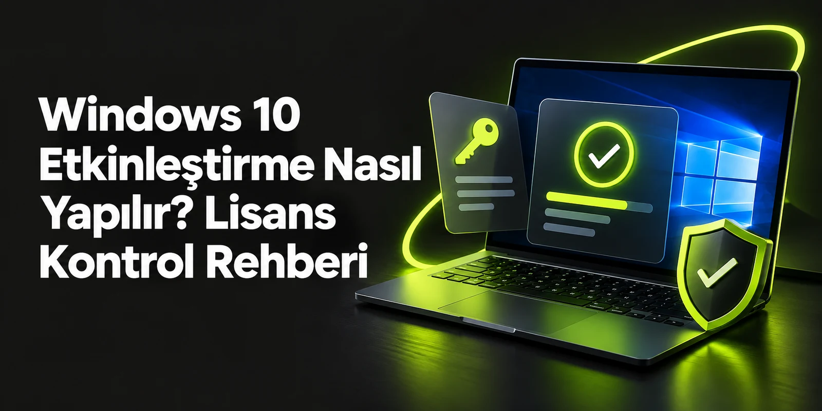 Windows 10 Etkinleştirme Nasıl Yapılır? Lisans Kontrol Rehberi — koyu gri zemin üzerinde yeşil geometrik kapak