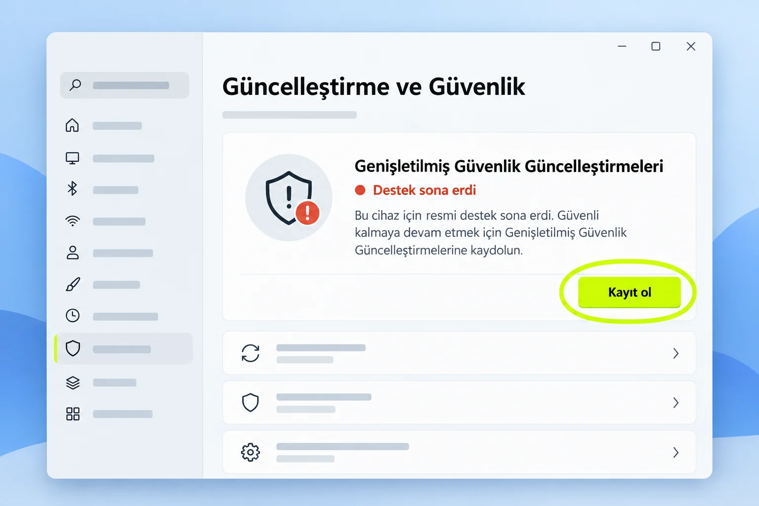 Windows 10 destek sonrası genişletilmiş güvenlik güncelleştirmeleri kartını gösteren temsili ayar ekranı