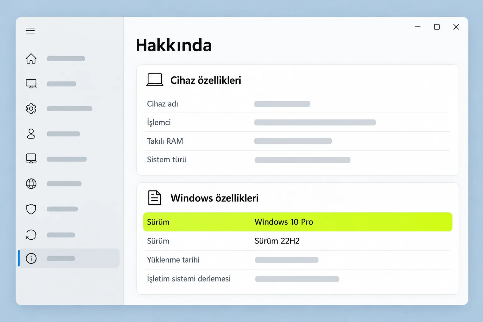 Ayarlar Hakkında sayfasında Windows sürümü ve sürüm numarasını gösteren temsili ekran