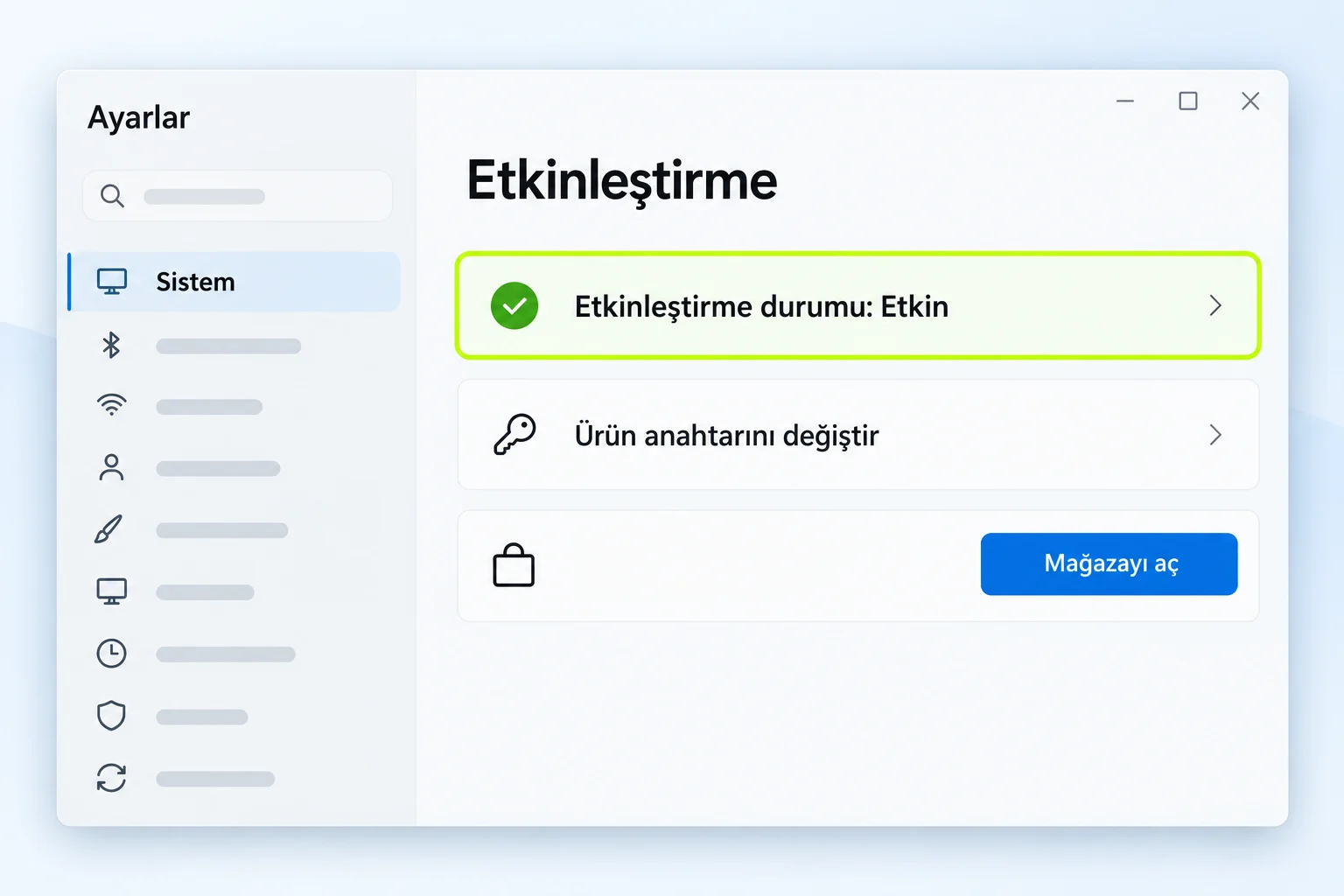 Ayarlar > Sistem > Etkinleştirme ekranında etkinleştirme durumu ve Mağaza seçeneği.