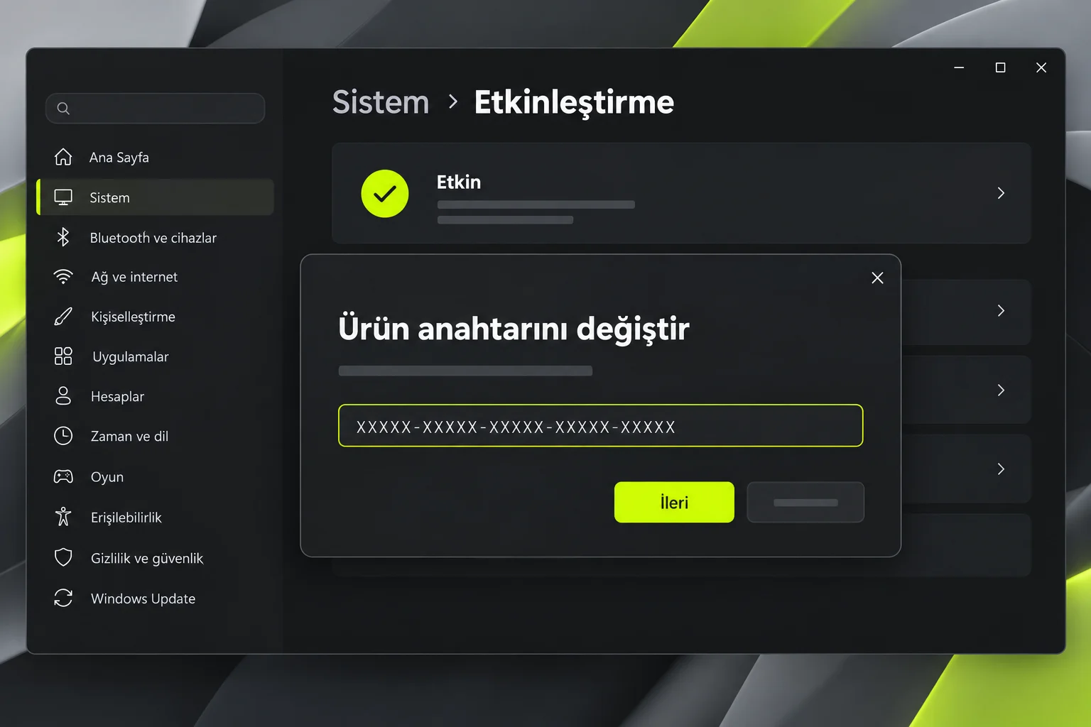 Etkinleştirme ayarlarında ürün anahtarını değiştir penceresi, anahtar maskeli