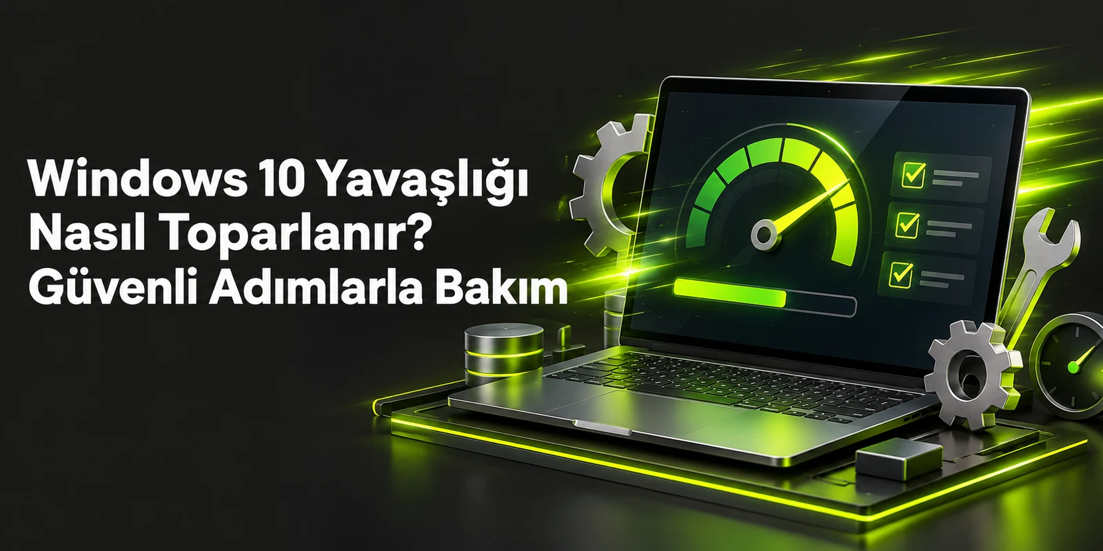 Windows 10 Yavaşlığı Nasıl Toparlanır? Güvenli Adımlarla Bakım — koyu gri zemin üzerinde yeşil geometrik kapak