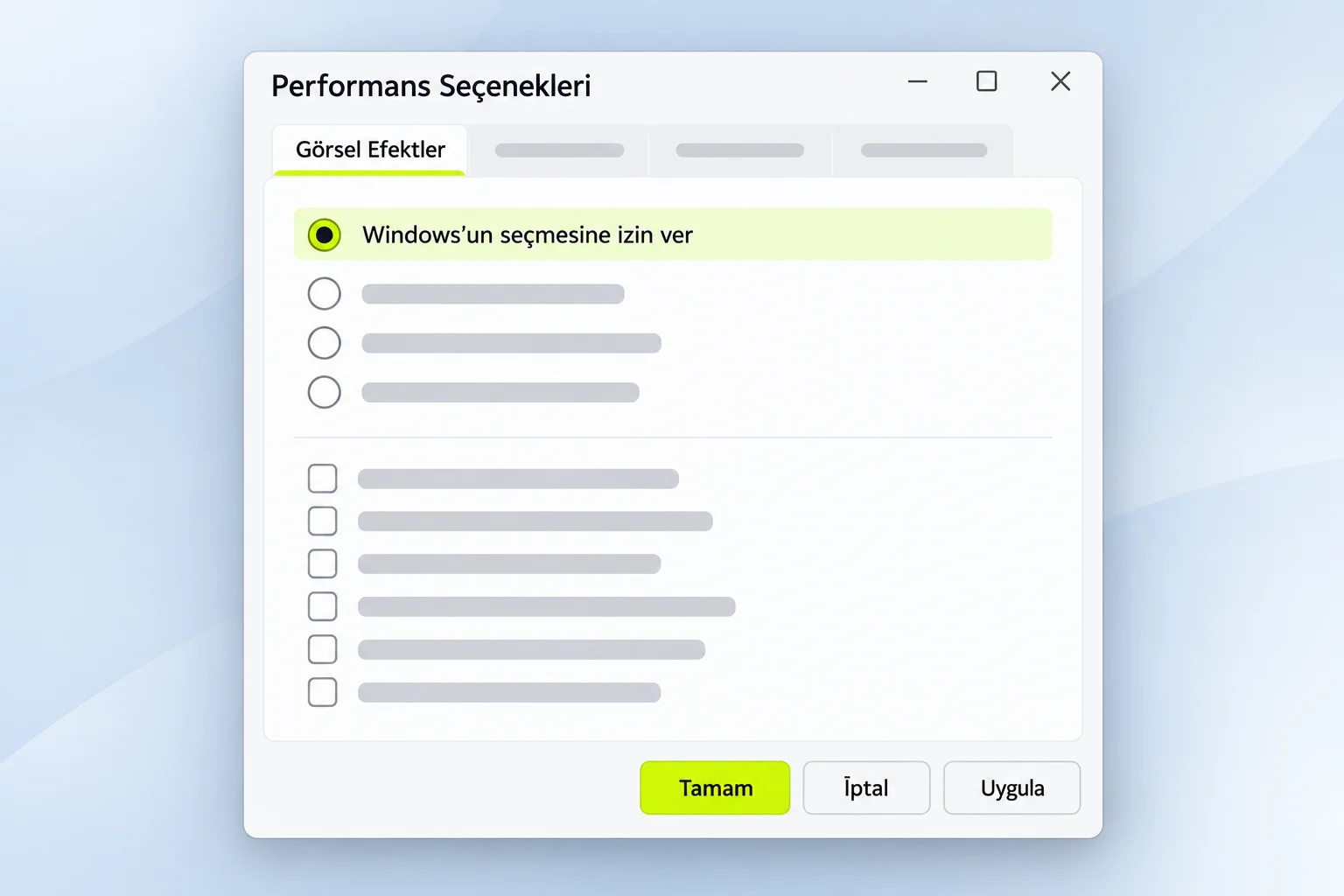 Performans Seçenekleri penceresinde Görsel Efektler sekmesi ve seçenekler.